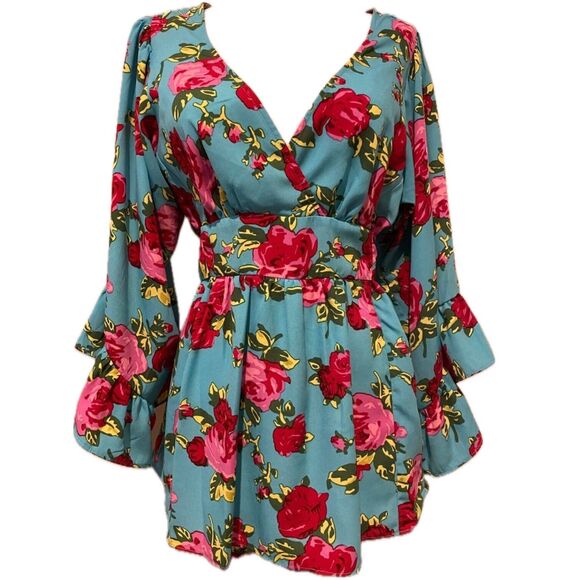 Betsey Johnson Tops - Betsey Jonson Girly Feminine Ruffle Floral Balloon Sleeve Self Back Tie Blouse S